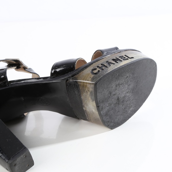 Chanel Vintage Black Logo Lucite Led  Platform SandalsPatent Leather Heels - Picture 12 of 14